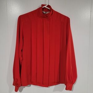 The Bay Vintage Stunning Red Blouse. High Collar, Front Pleating, Puffy Cuffs.